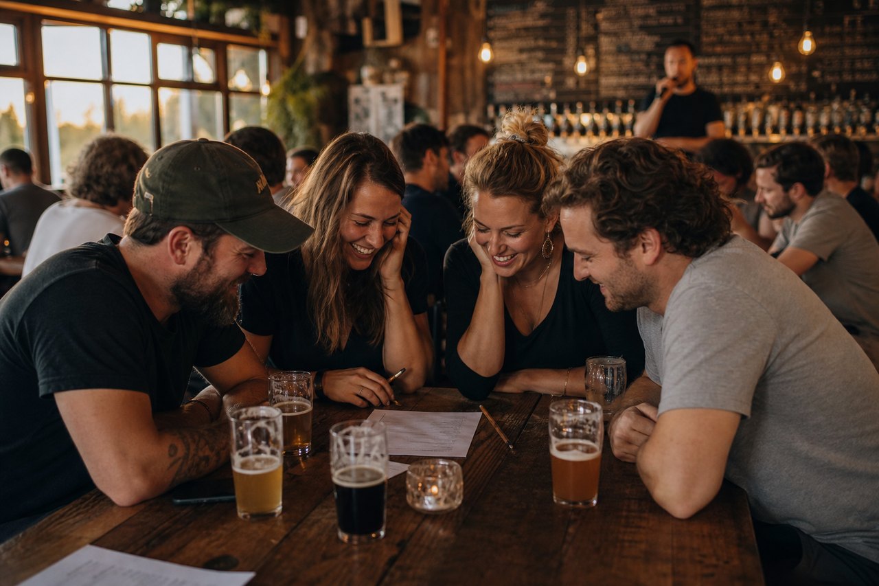 Friends laughing over a trivia answer sheet with craft beers at a New Zealand brew bar
